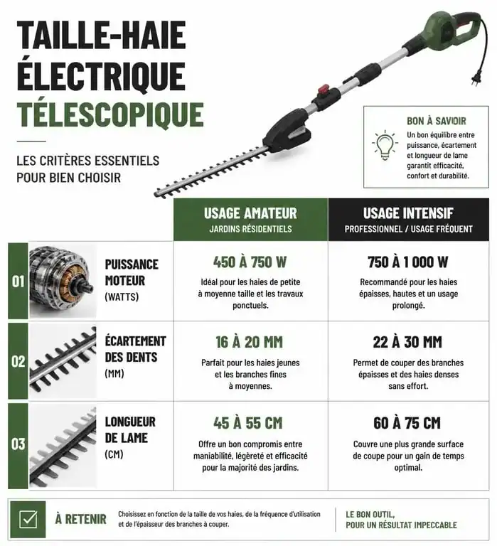 Infographie comparative des critères techniques pour choisir un taille-haie électrique télescopique