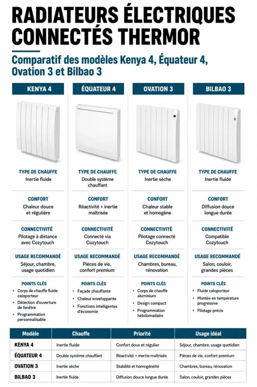 Comparatif des radiateurs connectés Thermor : Kenya 4, Equateur 4, Ovation 3 et Bilbao 3