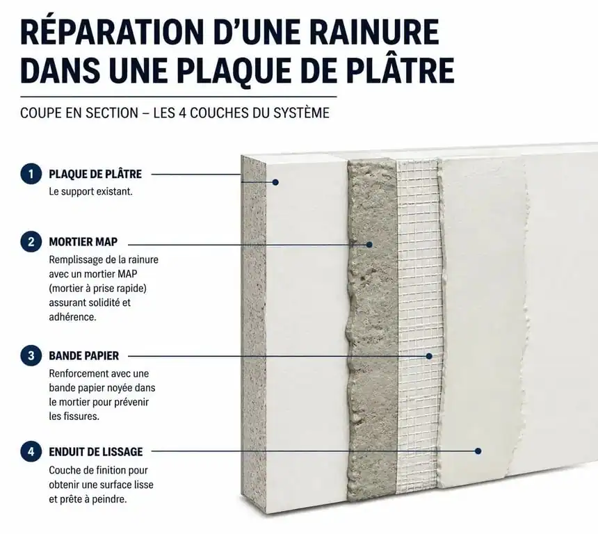 Schéma technique de rebouchage de saignée dans du placo : étapes du remplissage au MAP et pose de la bande de renfort