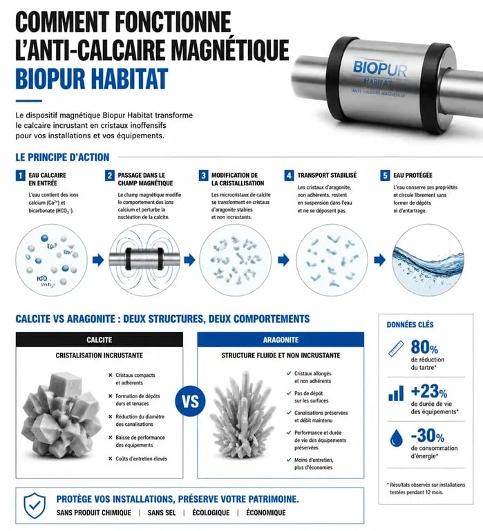 Schéma de fonctionnement de l'anti-calcaire magnétique Biopur Habitat pour le traitement du calcaire domestique