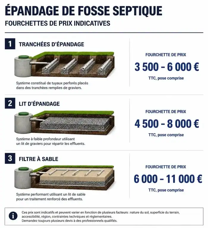 Infographie comparative des prix d'installation d'un épandage de fosse septique selon le type de dispositif.