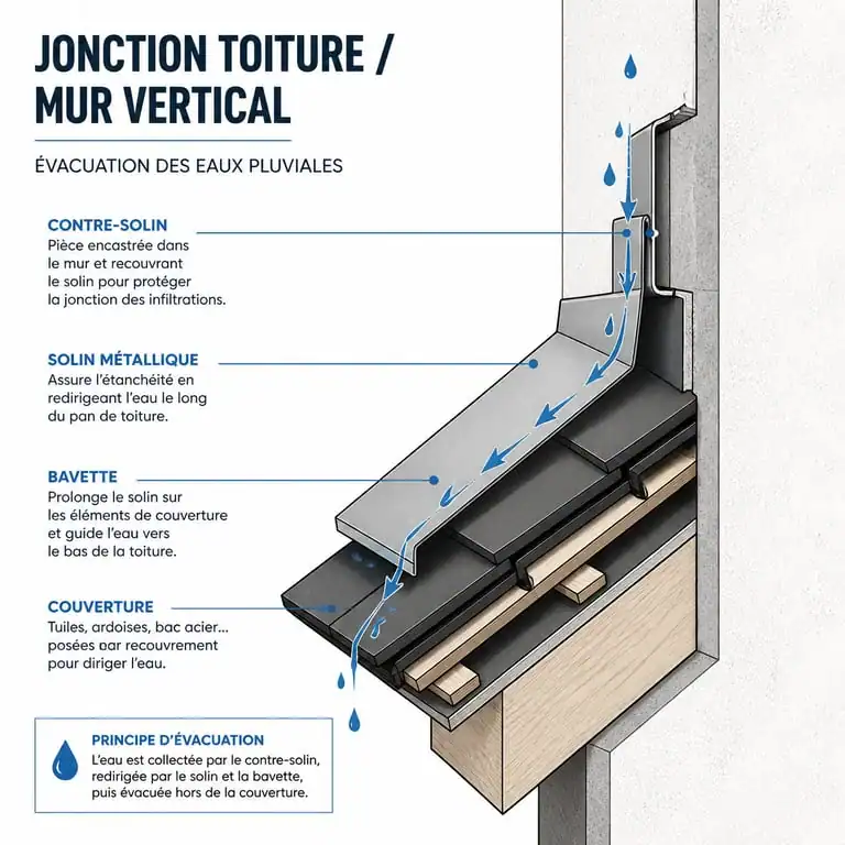 Schéma technique d'une jonction toit mur pour une étanchéité optimale