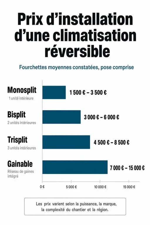 Infographie des prix moyens d'installation d'une climatisation réversible selon le type de système