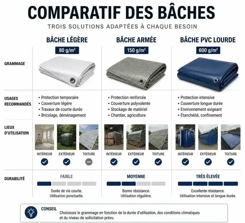 Comparatif des différents grammages et usages des bâches à œillets pour choisir la protection adaptée.