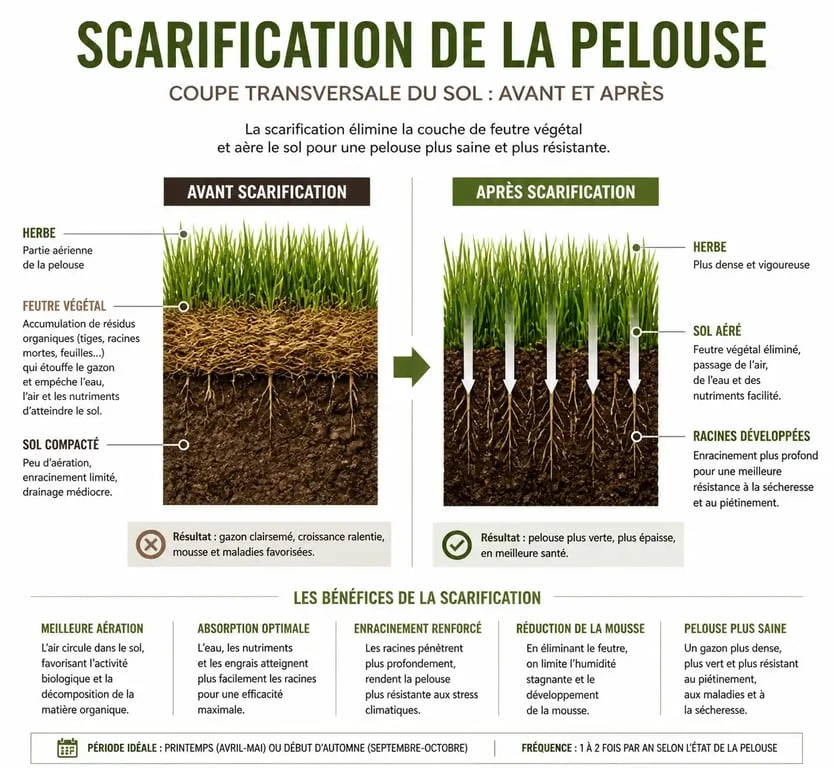 Schéma explicatif du fonctionnement d'un scarificateur pour l'entretien de la pelouse