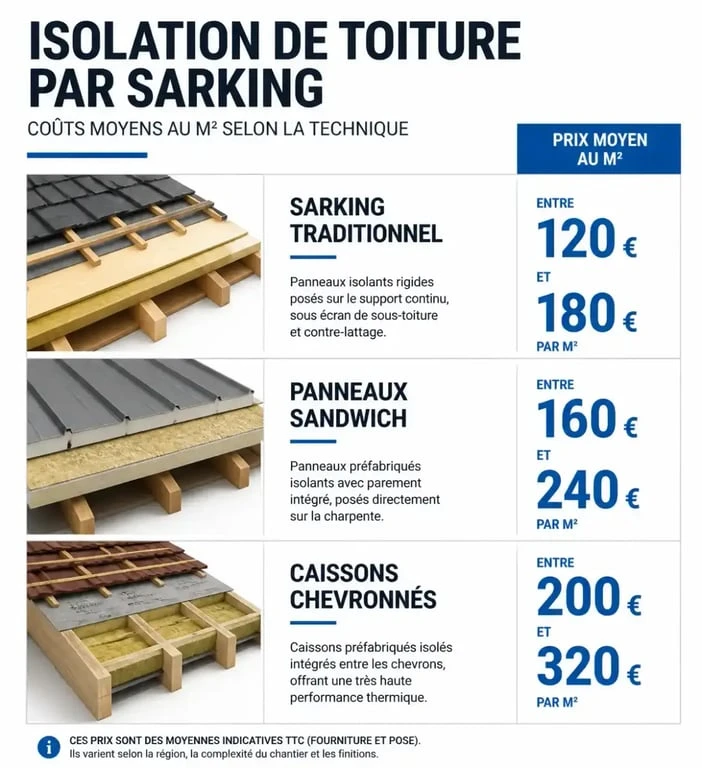 Infographie des prix au m2 pour une isolation de toiture par sarking selon la technique utilisée