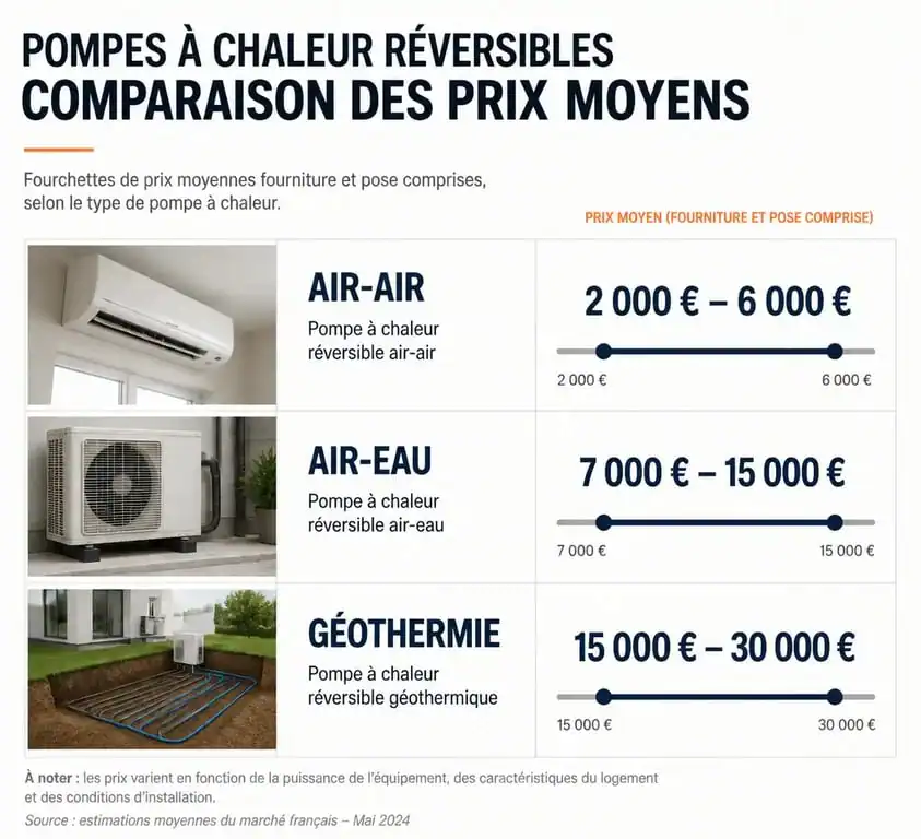 Comparatif des prix moyens des pompes à chaleur clim réversible par technologie