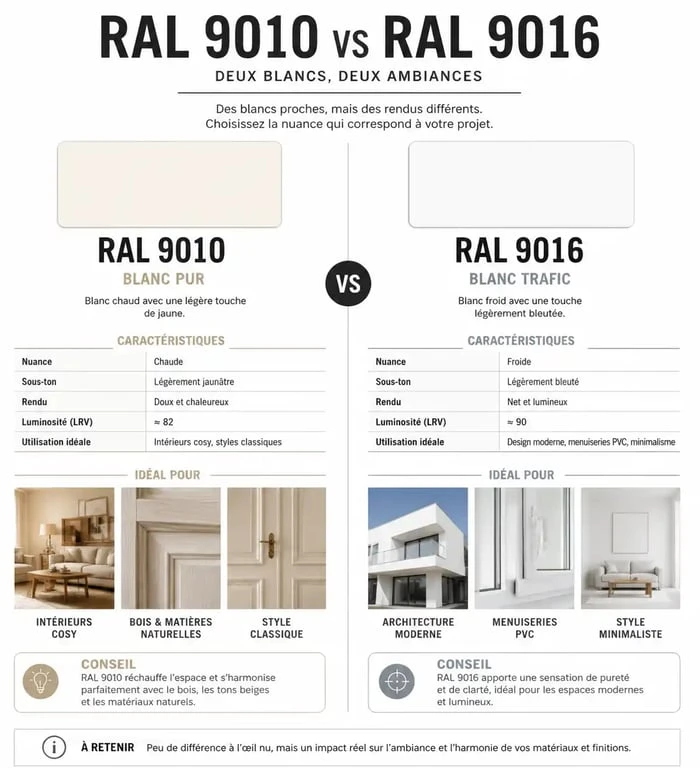 Comparatif visuel des teintes de blanc RAL 9010 et RAL 9016 pour la décoration intérieure