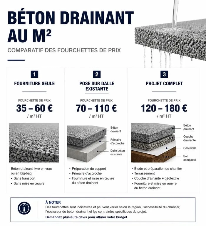 Prix du béton drainant au m2 : comparatif des coûts de fourniture et de pose pour vos travaux d'aménagement extérieur.