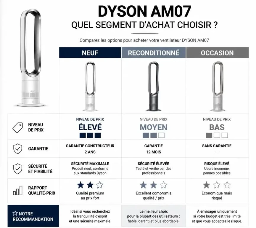 Comparatif des options d'achat pour un ventilateur Dyson AM07 : neuf, reconditionné ou occasion pour trouver le meilleur prix