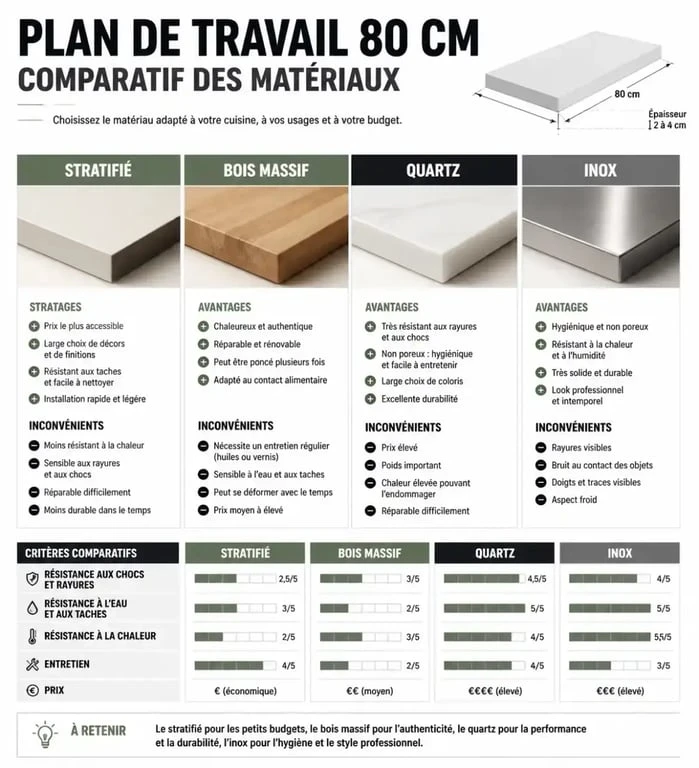 Comparatif des matériaux pour plan de travail 80 cm de profondeur : stratifié, bois, quartz et inox.