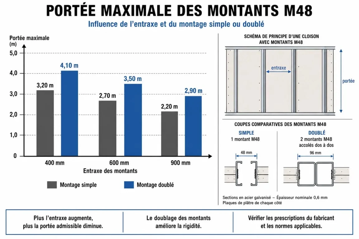 Tableau récapitulatif des portées maximales pour plafond autoportant avec montants M48