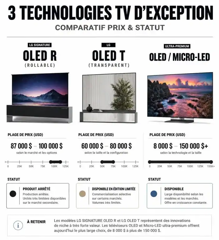 Comparatif des prix et technologies des téléviseurs haut de gamme : TV enroulable LG Signature OLED R, OLED transparent et alternatives ultra-premium.