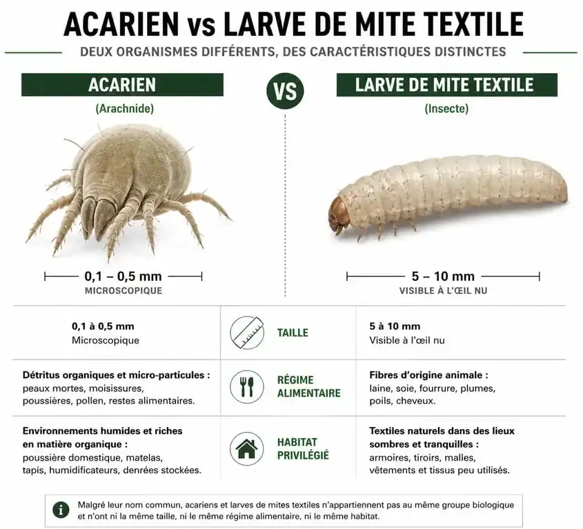 Comparaison visuelle entre un acarien et une larve de mite textile pour identifier les nuisibles de la maison