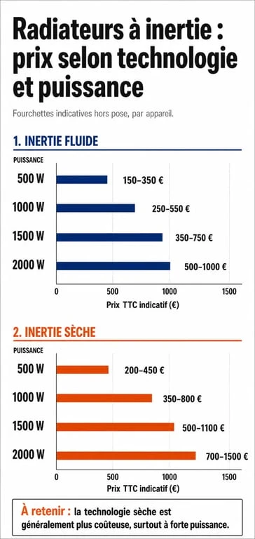 Infographie comparative des prix des radiateurs à inertie selon la technologie et la puissance