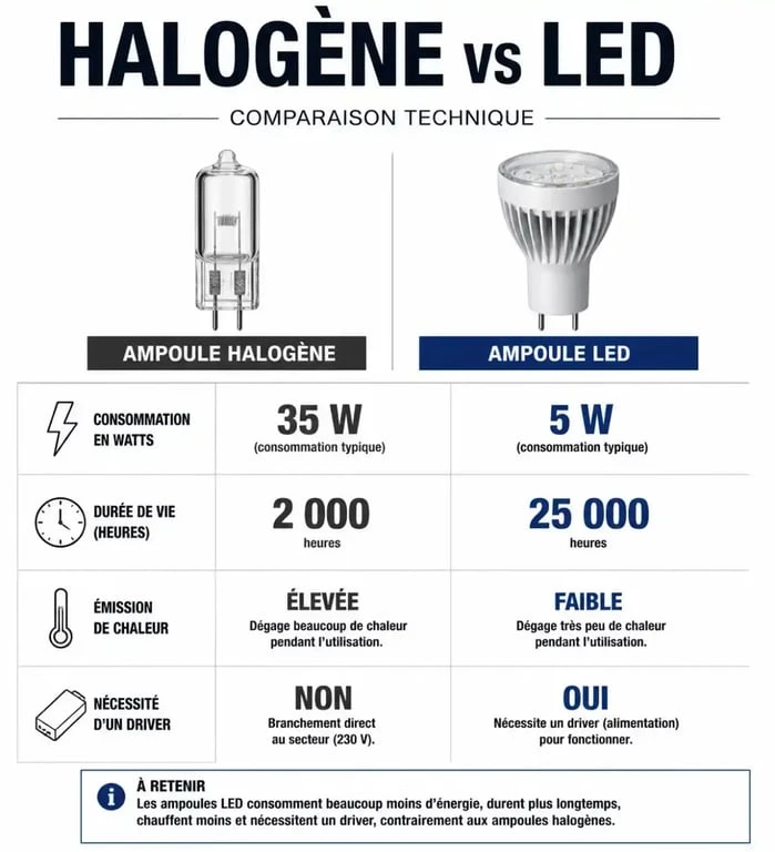 Comparatif technique entre ampoules halogènes et LED pour le remplacement