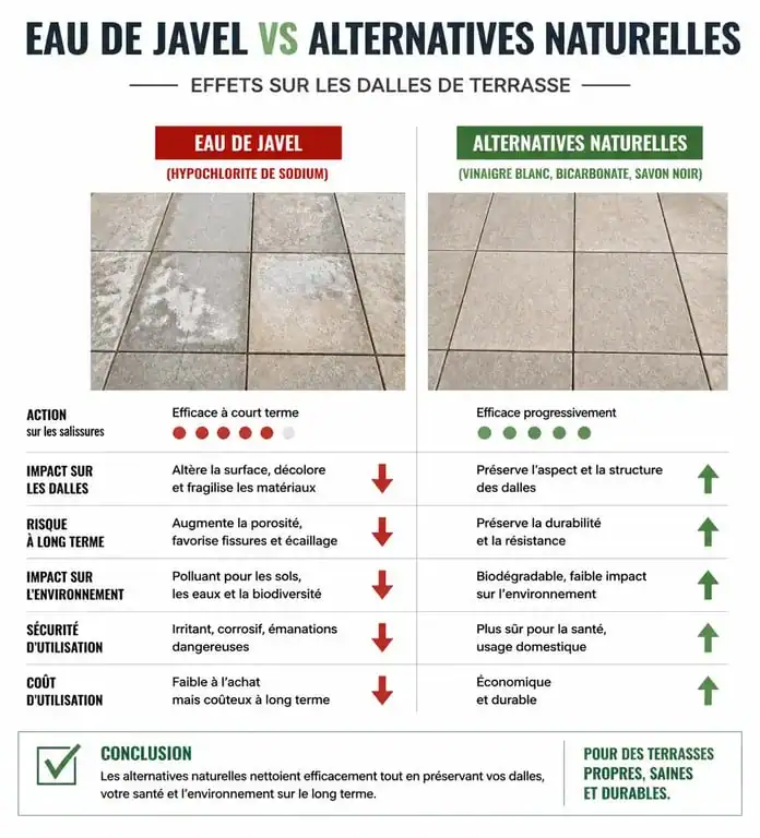 Infographie comparative : nettoyage dalle terrasse javel vs alternatives écologiques