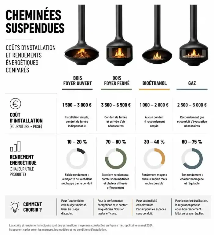 Comparatif des prix et rendements des cheminées suspendues : bois, bioéthanol et gaz