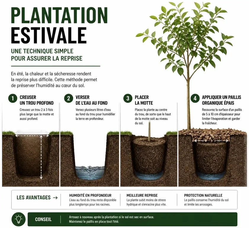 Technique de plantation de fleurs en été : arrosage profond et paillage pour réussir ses plantations de juillet et août