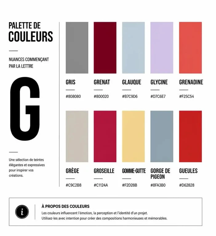 Palette de couleurs en G avec leurs codes hexadécimaux pour inspiration design