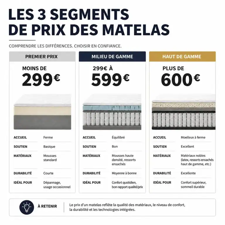 Infographie comparative des gammes de prix et caractéristiques des matelas pour choisir son équipement après la fermeture de my matelas