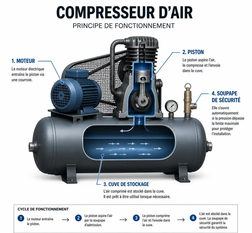 Schéma illustrant le fonctionnement technique d'un compresseur d'air pour comprendre à quoi sert un compresseur
