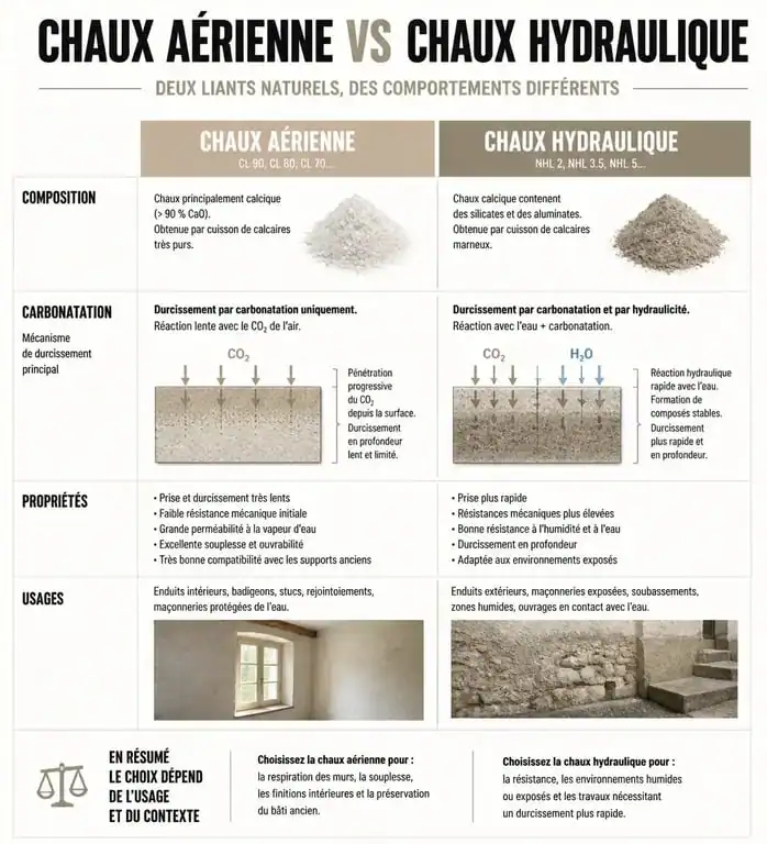 Infographie comparative des propriétés et usages de l'enduit à la chaux aérienne et hydraulique