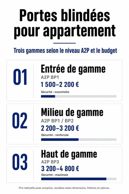 Infographie comparative des prix et niveaux de sécurité des portes blindées pour appartement