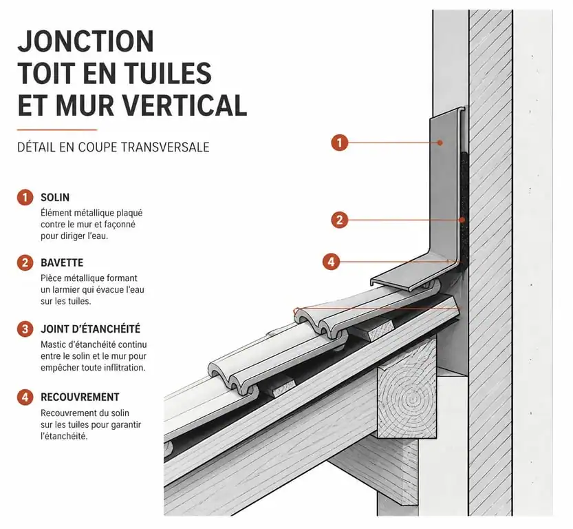 Schéma technique de l'étanchéité d'un toit contre un mur avec solin et bavette