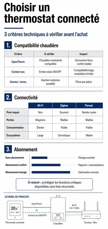 Infographie comparative des critères techniques pour choisir le meilleur thermostat connecté en 2026