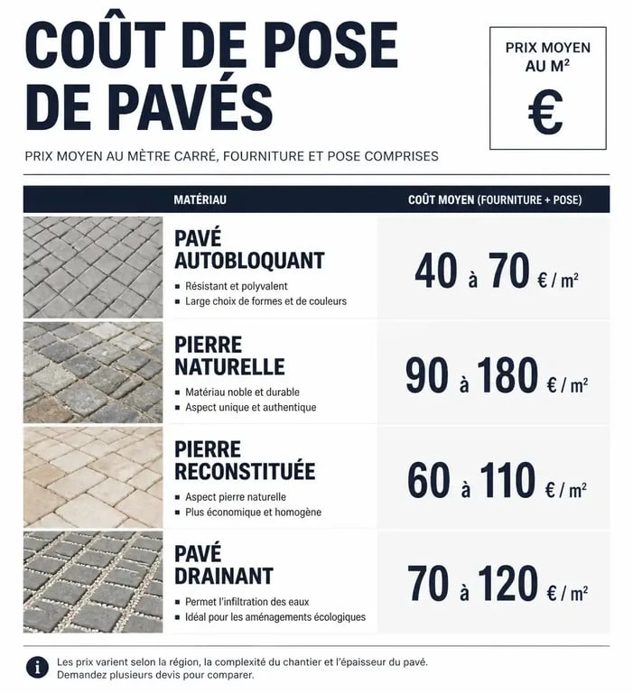 Infographie des prix de pose de pavés au m2 par type de matériau pour estimer son budget de pavage.