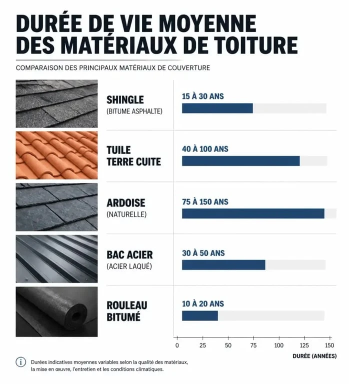 Comparatif de la durée de vie des matériaux de toiture : shingle, tuile, ardoise et bac acier