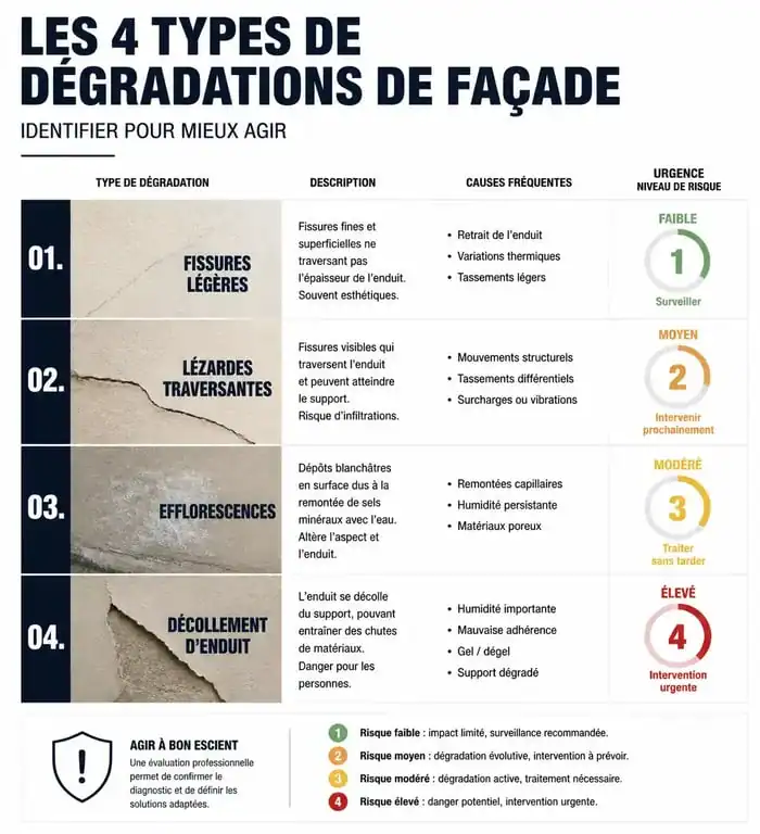 Infographie des signes d'alerte pour le ravalement de façade : fissures, efflorescences et décollement d'enduit.