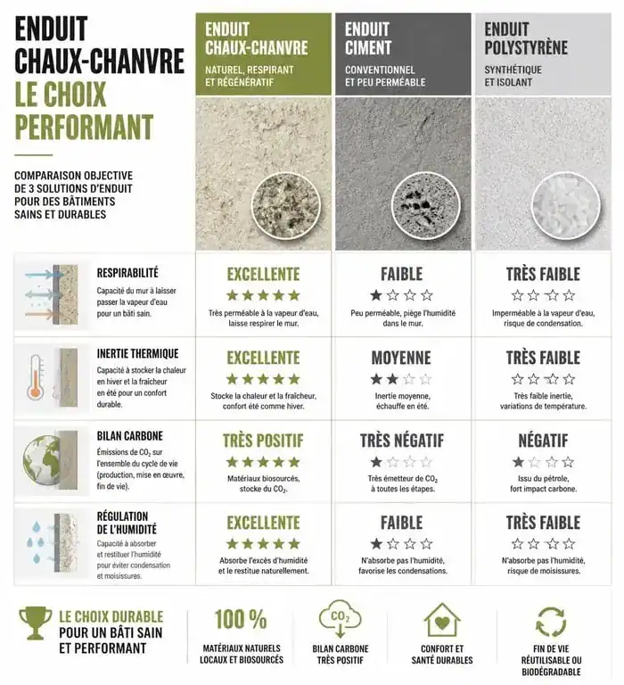 Comparatif des performances de l'enduit chaux chanvre exterieur par rapport aux isolants classiques