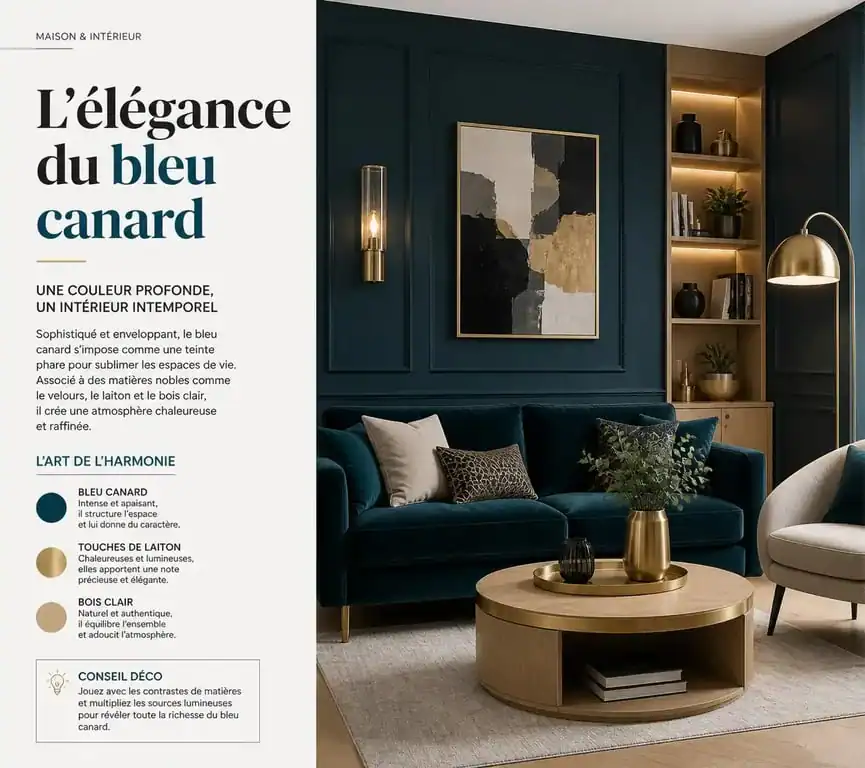 Salon moderne avec un mur d'accent bleu canard foncé et décoration élégante
