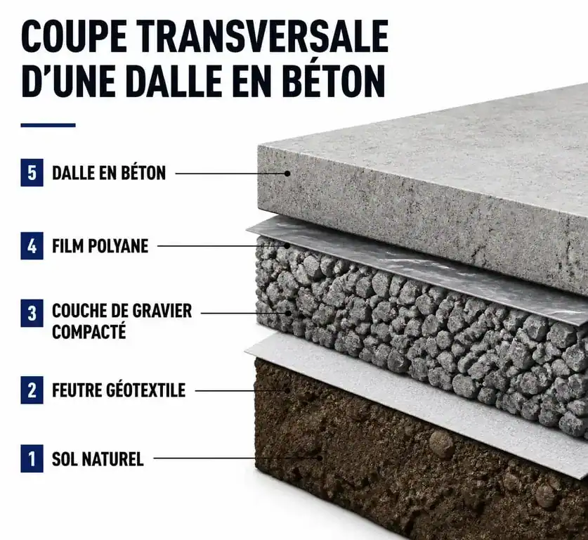 Schéma en coupe des couches d'une dalle en béton avec gravier sous dalle