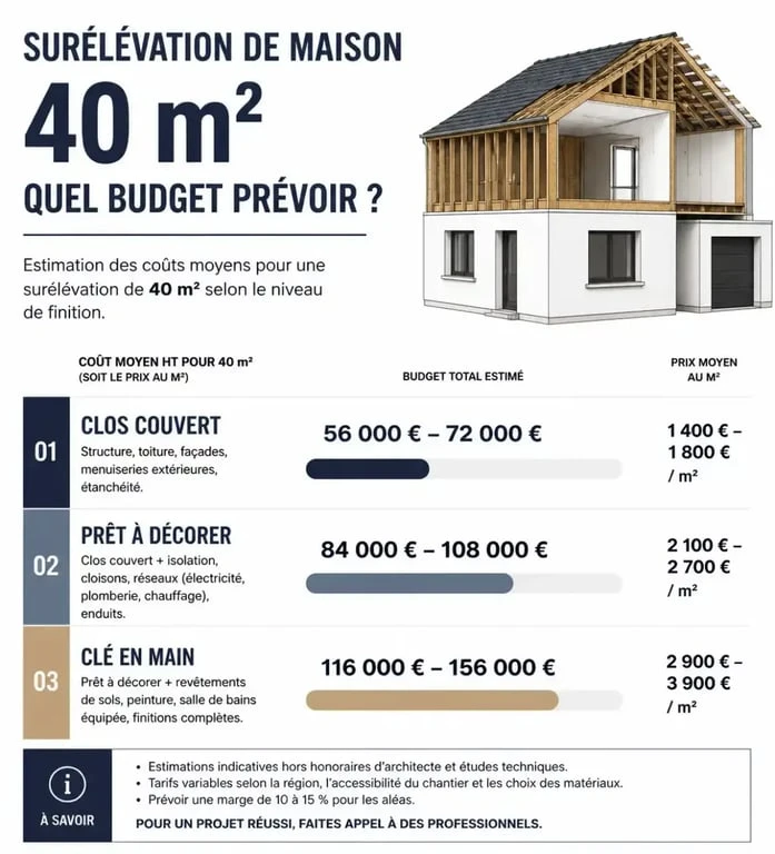 Infographie des coûts moyens pour une surélévation de maison de 40m2 selon le niveau de finition