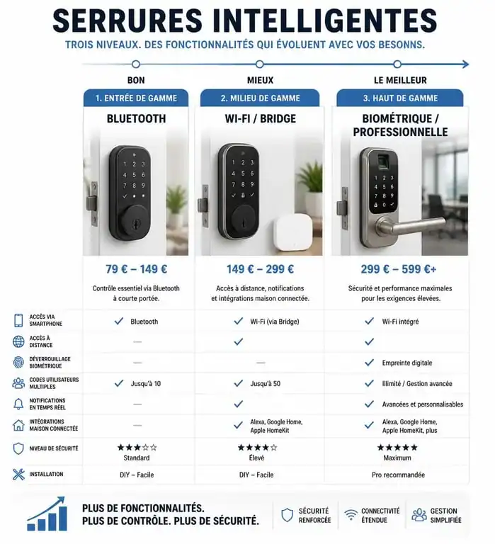 Infographie comparative des prix et fonctionnalités des serrures connectées selon les gammes