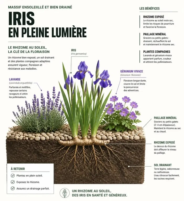 Schéma illustrant les meilleures plantes compagnes pour les iris au jardin et les conseils de plantation pour un massif sain.