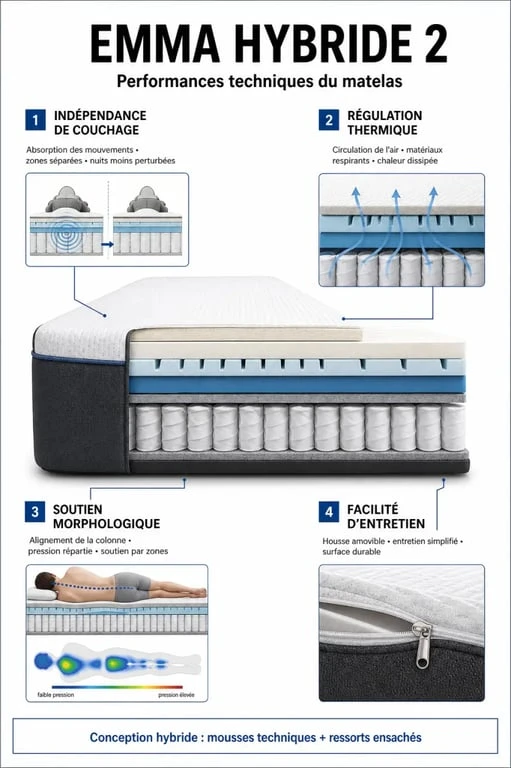 Infographie des performances techniques et avis sur le matelas hybride 2 Emma