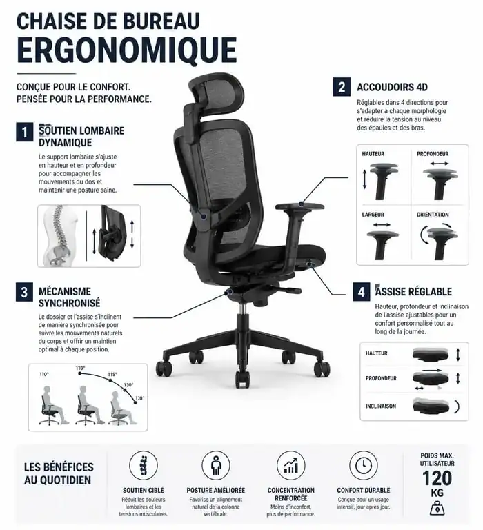 Schéma des composants d'une chaise ergonomique pour choisir la meilleure chaise ergonomique 2025