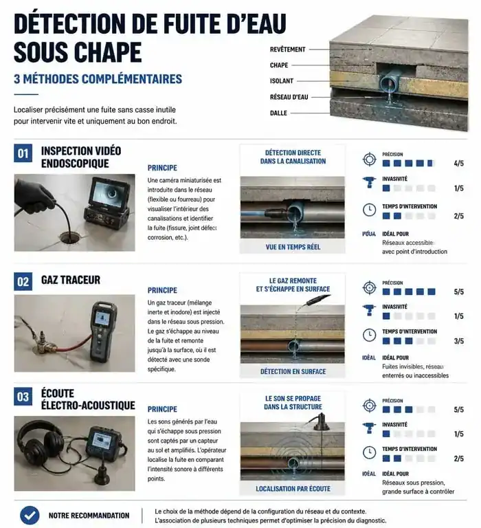 Infographie comparative des méthodes de détection de fuite d'eau sous chape : caméra, gaz traceur et électro-acoustique
