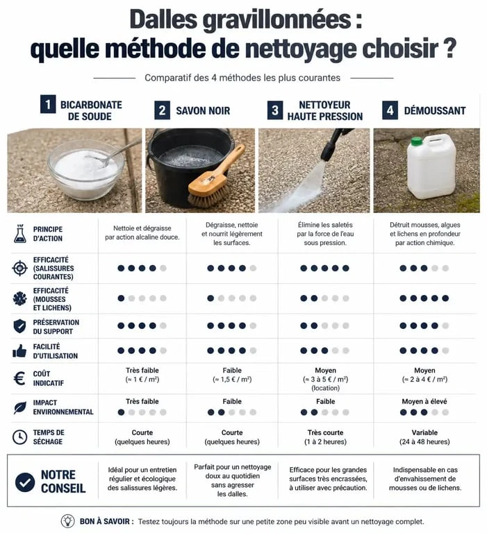 Comparatif des méthodes pour nettoyer des dalles gravillonnées noircies : bicarbonate, savon noir et nettoyeur haute pression