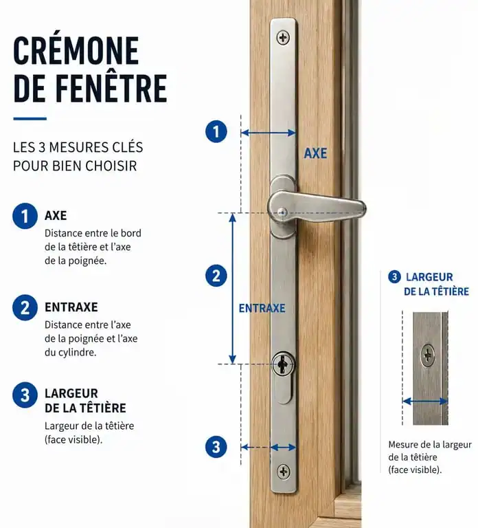 Schéma des points de mesure pour le remplacement d'un mécanisme de crémone sur fenêtre en bois