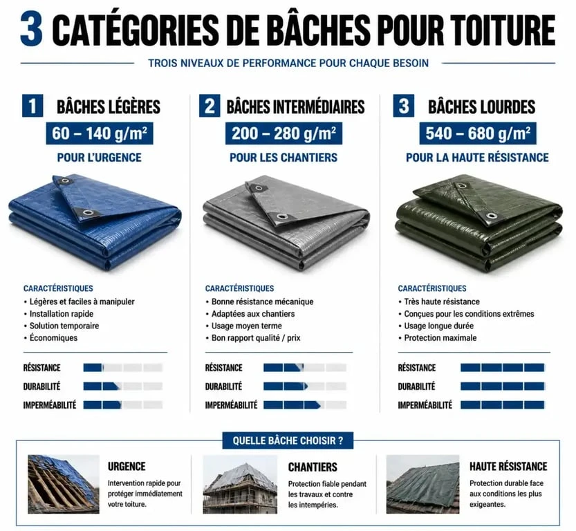 Infographie comparative des types de bâche pour toiture selon le grammage et l'usage