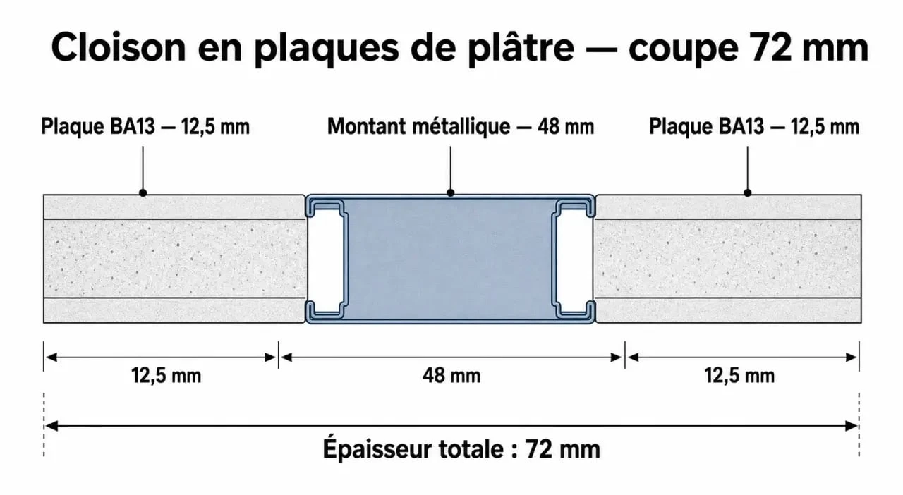 Schéma en coupe d'une cloison en Placo de 72mm montrant l'ossature et les plaques