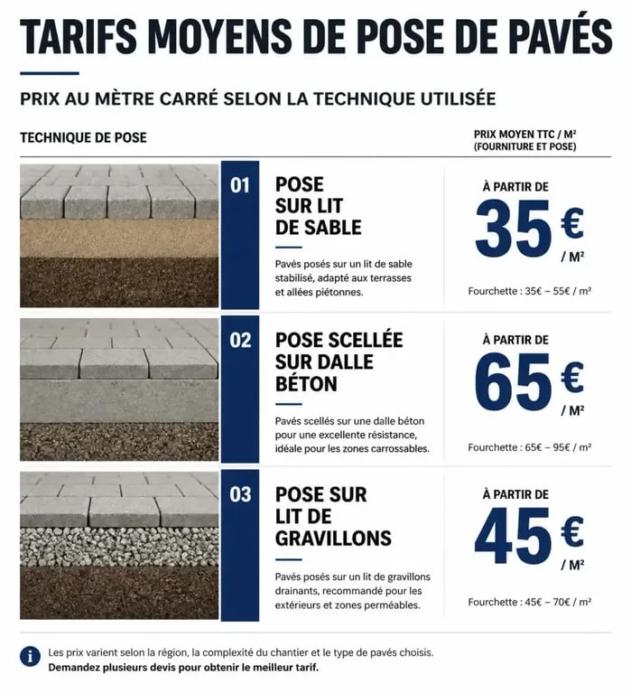 Comparatif des prix de pose de pavés au m2 selon la technique : sable, scellée ou gravillons