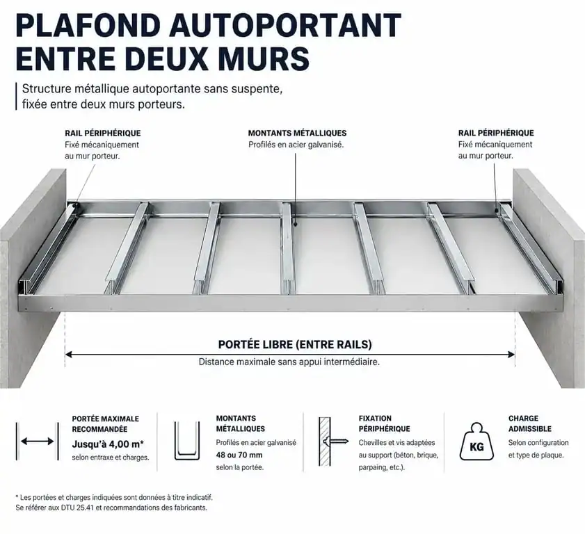 Schéma technique de la structure d'un plafond autoportant montrant la distance entre les murs et les montants
