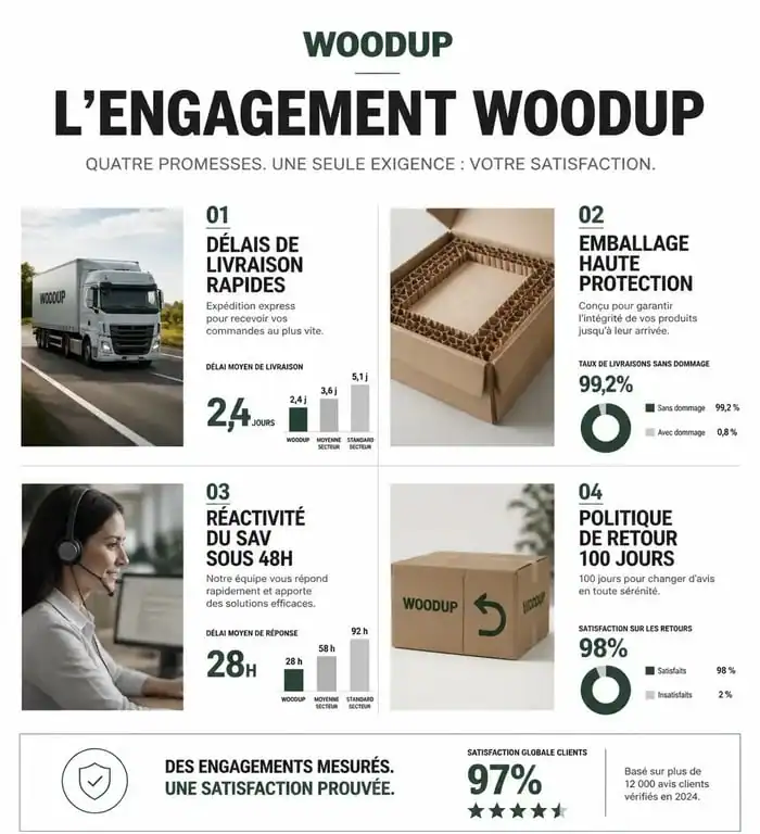 Infographie des points forts et indicateurs de satisfaction Woodup pour les avis clients