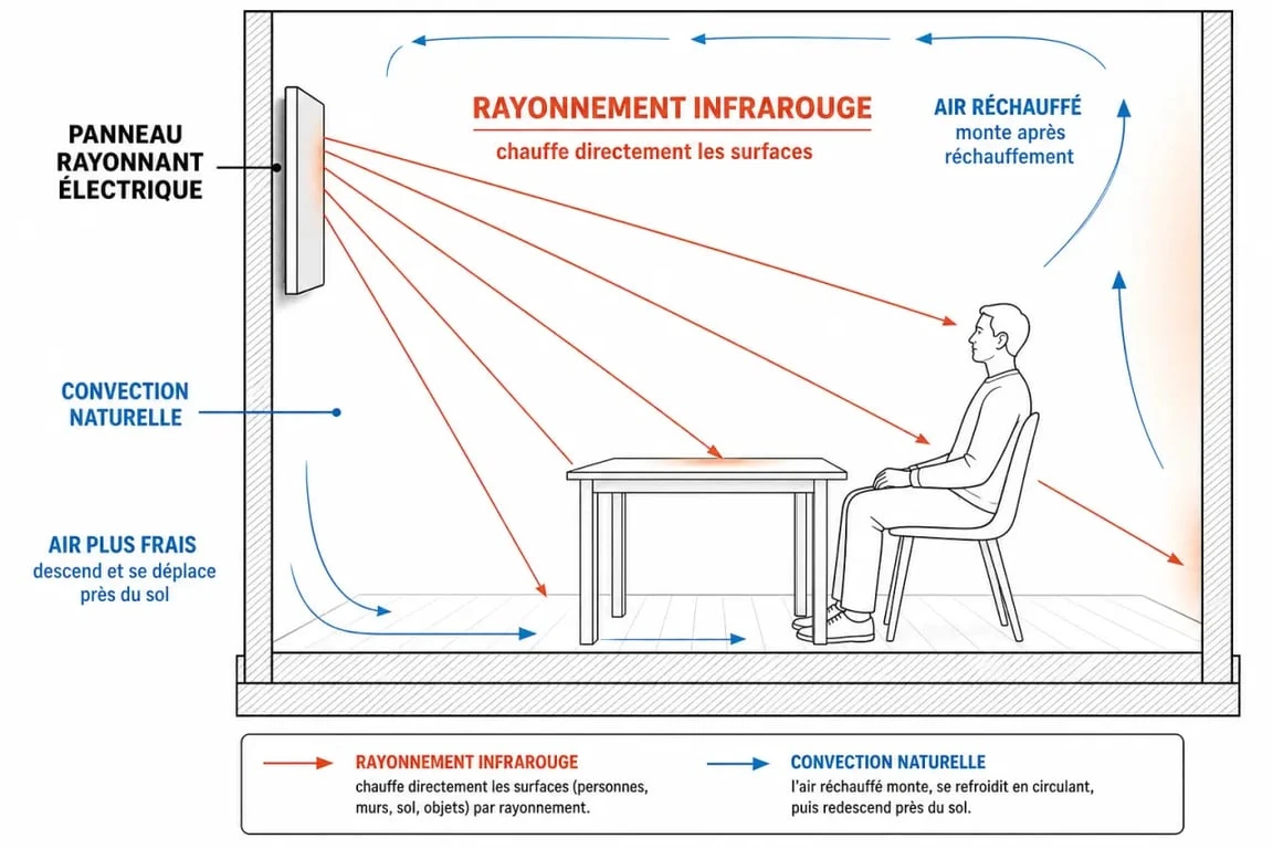 Schéma de fonctionnement d'un panneau rayonnant Atlantic : diffusion par rayonnement infrarouge et convection naturelle.